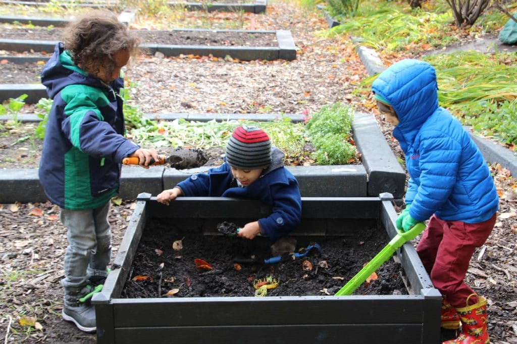 Three children playing in a garden with dirt and leaves.